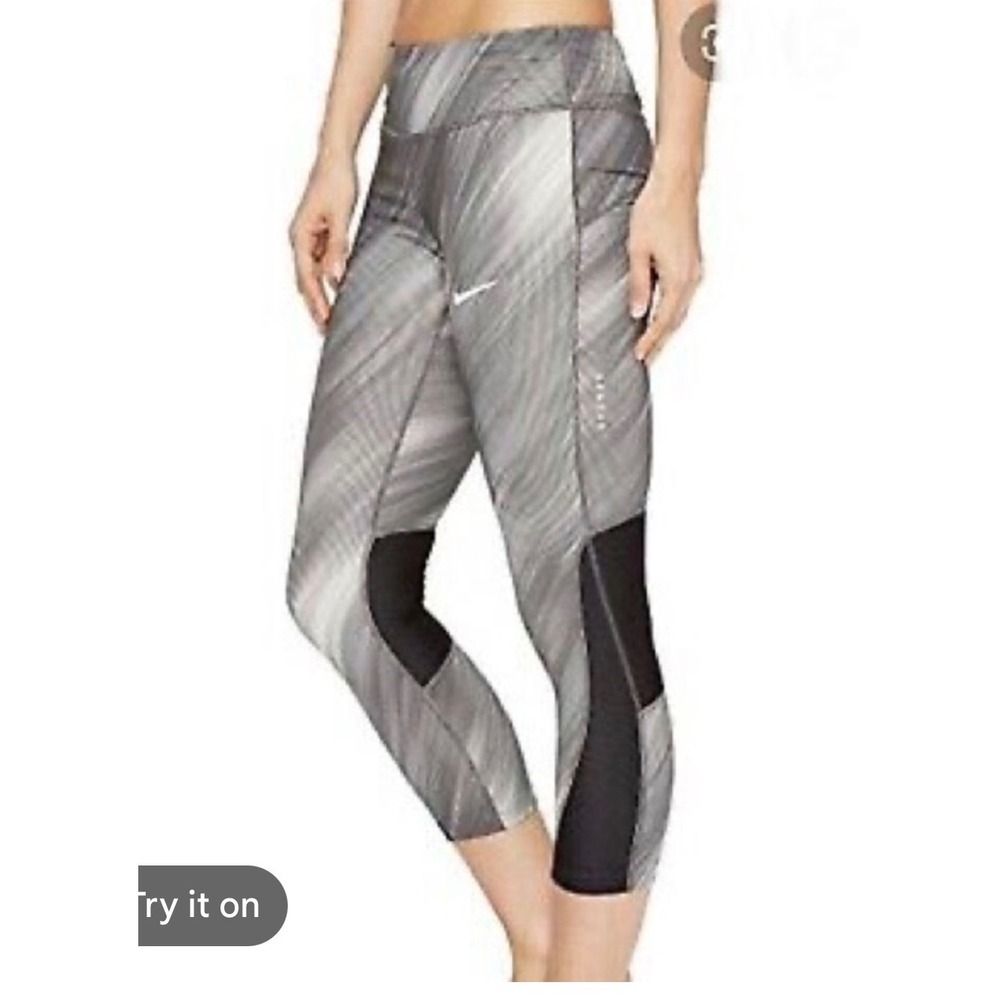 Nike Dri-FIT Leggings Womens Large Grey Digital Print Crop Tights Mesh Preloved - Picture 1 of 12